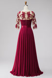 Burgundy Illusion Appliques Chiffon Beaded A-Line Long Formal Dress with 3/4 Sleeves