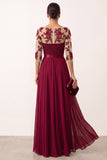 Burgundy Illusion Appliques Chiffon Beaded A-Line Long Formal Dress with 3/4 Sleeves