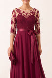 Burgundy Illusion Appliques Chiffon Beaded A-Line Long Formal Dress with 3/4 Sleeves