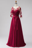 Burgundy Illusion Appliques Chiffon Beaded A-Line Long Formal Dress with 3/4 Sleeves