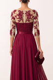 Burgundy Illusion Appliques Chiffon Beaded A-Line Long Formal Dress with 3/4 Sleeves