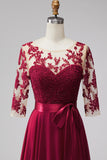 Burgundy Illusion Appliques Chiffon Beaded A-Line Long Formal Dress with 3/4 Sleeves