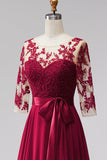 Burgundy Illusion Appliques Chiffon Beaded A-Line Long Formal Dress with 3/4 Sleeves