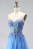 Blue A-Line Tulle Corset Beaded Appliques Spaghetti Straps Long Prom Dress with Slit