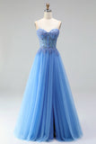 Blue A-Line Tulle Corset Beaded Appliques Spaghetti Straps Long Prom Dress with Slit