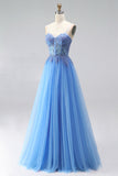 Blue A-Line Tulle Corset Beaded Appliques Spaghetti Straps Long Prom Dress with Slit