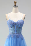 Blue A-Line Tulle Corset Beaded Appliques Spaghetti Straps Long Prom Dress with Slit
