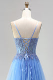Blue A-Line Tulle Corset Beaded Appliques Spaghetti Straps Long Prom Dress with Slit