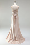 Champagne Satin Mermaid Corset Beaded Strapless Long Prom Dress