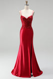 Red Satin Mermaid Corset Sequins Beaded V-Neck Long Prom Dress with Slit