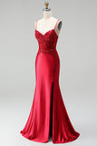 Red Satin Mermaid Corset Sequins Beaded V-Neck Long Prom Dress with Slit