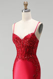 Red Satin Mermaid Corset Sequins Beaded V-Neck Long Prom Dress with Slit
