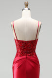 Red Satin Mermaid Corset Sequins Beaded V-Neck Long Prom Dress with Slit