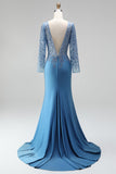 Slate Blue Mermaid Illusion Bateau Neck Sequins Appliques Satin Long Prom Dress with Beading