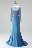 Slate Blue Mermaid Illusion Bateau Neck Sequins Appliques Satin Long Prom Dress with Beading