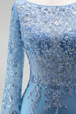Slate Blue Mermaid Illusion Bateau Neck Sequins Appliques Satin Long Prom Dress with Beading