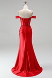 Off the Shoulder Red Mermaid Corset Satin Ruched Sequins Appliques Beaded Long Prom Dress with Slit