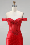 Off the Shoulder Red Mermaid Corset Satin Ruched Sequins Appliques Beaded Long Prom Dress with Slit