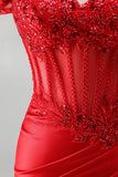 Off the Shoulder Red Mermaid Corset Satin Ruched Sequins Appliques Beaded Long Prom Dress with Slit