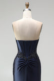 Dark Navy Mermaid Beaded Appliques Corset Satin Strapless Long Prom Dress with Slit