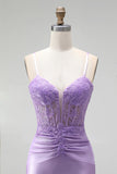 Lilac Satin Corset Sheer 3D Floral Appliques Ruched Spaghetti Straps Long Prom Dress