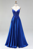 A-Line Royal Blue Appliques Satin Sequins Beaded Spaghetti Straps Long Prom Dress