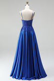 A-Line Royal Blue Appliques Satin Sequins Beaded Spaghetti Straps Long Prom Dress