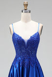 A-Line Royal Blue Appliques Satin Sequins Beaded Spaghetti Straps Long Prom Dress