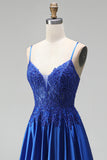 A-Line Royal Blue Appliques Satin Sequins Beaded Spaghetti Straps Long Prom Dress