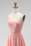 Pink Floral Appliques A-Line Corset Sheer Beaded Chiffon Long Prom Dress with Slit