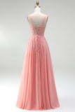 Pink Floral Appliques A-Line Corset Sheer Beaded Chiffon Long Prom Dress with Slit