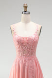 Pink Floral Appliques A-Line Corset Sheer Beaded Chiffon Long Prom Dress with Slit