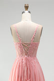 Pink Floral Appliques A-Line Corset Sheer Beaded Chiffon Long Prom Dress with Slit