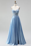 Light Blue Corset Sheer Beaded A-Line Spaghetti Straps Satin Long Prom Dress with Slit