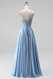 Light Blue Corset Sheer Beaded A-Line Spaghetti Straps Satin Long Prom Dress with Slit