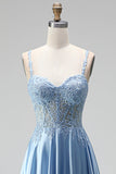 Light Blue Corset Sheer Beaded A-Line Spaghetti Straps Satin Long Prom Dress with Slit
