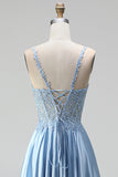 Light Blue Corset Sheer Beaded A-Line Spaghetti Straps Satin Long Prom Dress with Slit