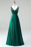 Dark Green V-Neck Satin A-Line Appliques Long Prom Dress with Beading