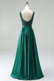 Dark Green V-Neck Satin A-Line Appliques Long Prom Dress with Beading