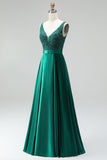 Dark Green V-Neck Satin A-Line Appliques Long Prom Dress with Beading