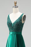 Dark Green V-Neck Satin A-Line Appliques Long Prom Dress with Beading
