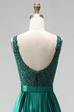 Dark Green V-Neck Satin A-Line Appliques Long Prom Dress with Beading