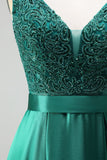 Dark Green V-Neck Satin A-Line Appliques Long Prom Dress with Beading