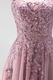 Grey Pink Glitter A-Line Sequins Corset Tulle Long Prom Dress with Beading