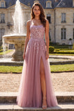 Grey Pink Glitter A-Line Sequins Corset Tulle Long Prom Dress with Beading