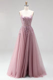 Grey Pink Glitter A-Line Sequins Corset Tulle Long Prom Dress with Beading