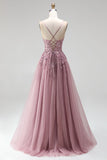 Grey Pink Glitter A-Line Sequins Corset Tulle Long Prom Dress with Beading