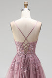 Grey Pink Glitter A-Line Sequins Corset Tulle Long Prom Dress with Beading