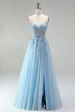 Sky Blue Corset Sheer Floral Appliques A-Line Sequins Strapless Long Prom Dress with Side Slit