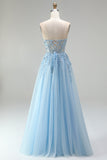 Sky Blue Corset Sheer Floral Appliques A-Line Sequins Strapless Long Prom Dress with Side Slit